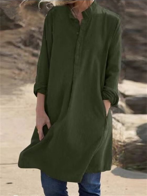 Women Long Sleeve T-shirt Neck Solid Color Botton MIdi Dress