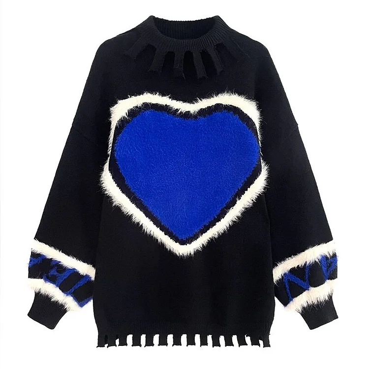 Chic Loose O-neck Heart Shape Pattern  Mink Velvet Tassels Long Sleeve Knitted Sweater 