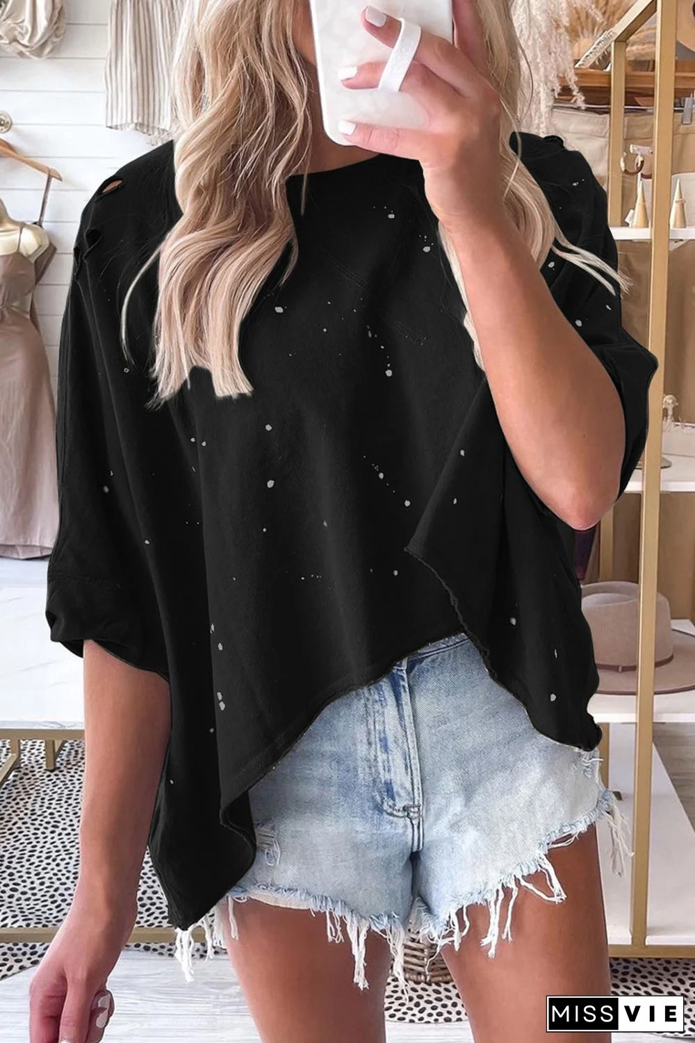 Distressed Bleached Asymmetric Hem Short Sleeve Top