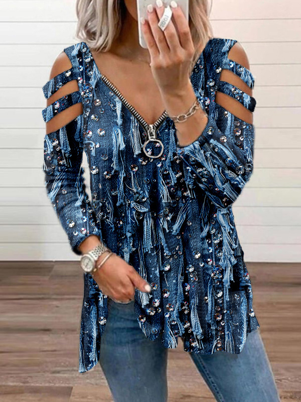 Comstylish Fringed Denim Art Hollow Shoulder Zip Up T Shirt