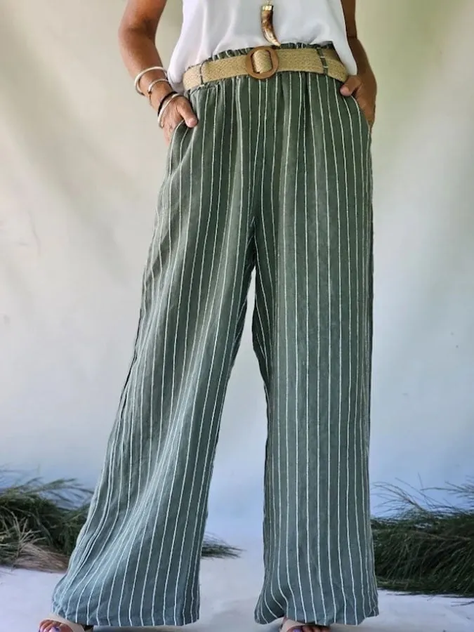 Women's Casual Striped Printed Cotton and Linen Trousers 