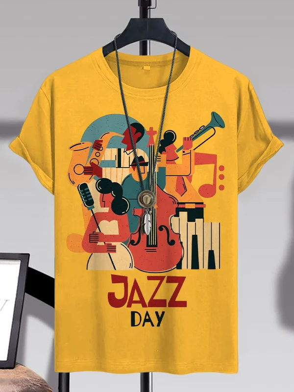Men's Retro Instrumental Music Playing Jazz Day Print Cotton Casual T-Shirt