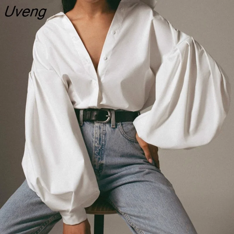 Uveng Women Lantern Sleeve Casual Vintage Sexy Button White Blouse Plus Size Loose Women Shirt Cotton Office Ladies Tops Blusas 10903
