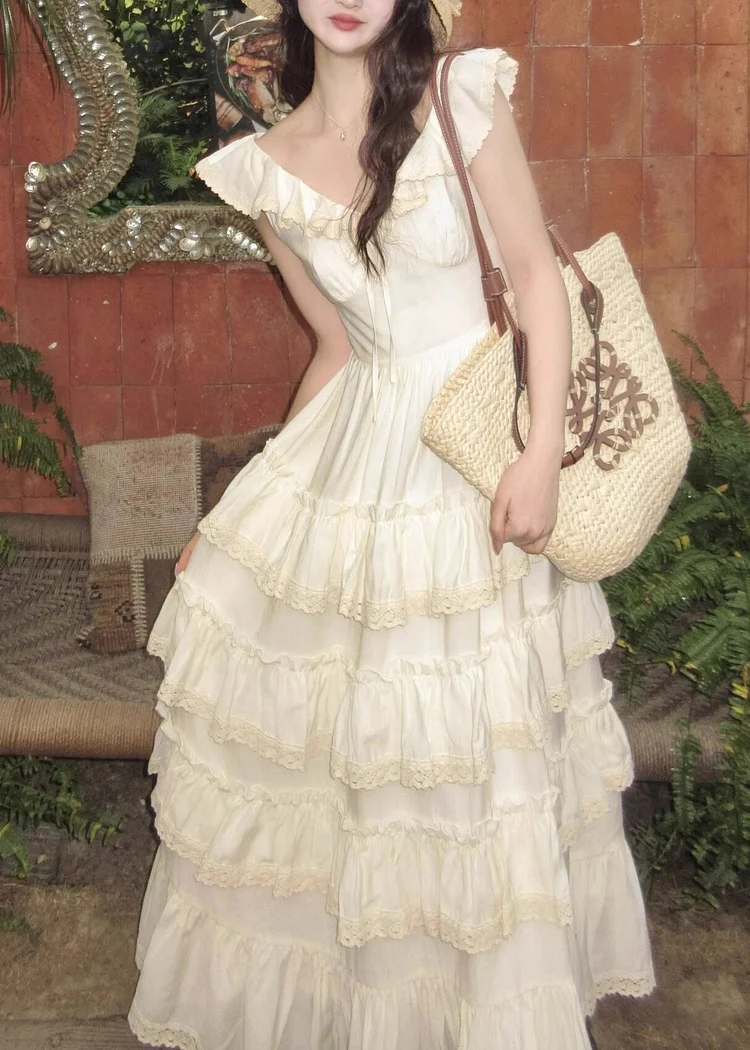 French Lace Neck White V Top Patchwork Spring main image 1