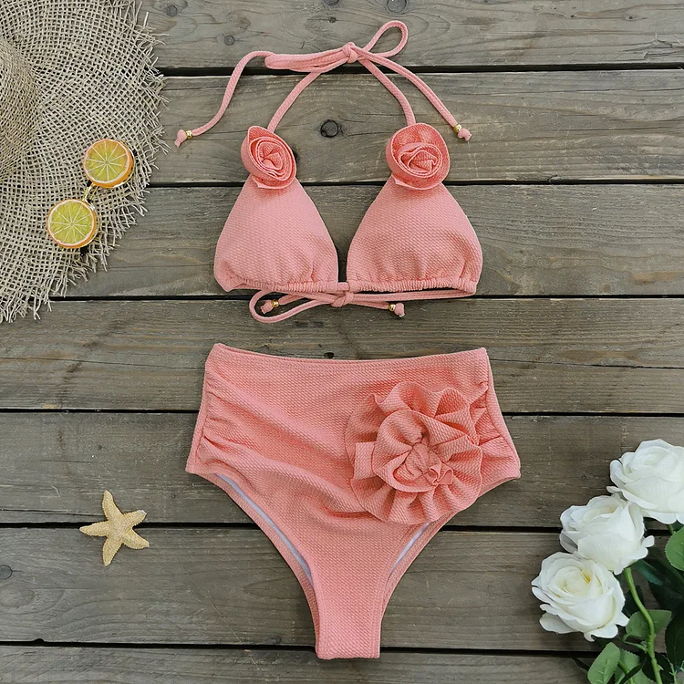  Sexy 3D Flower Solid Color Bikini Swimsuit Flaxmaker
