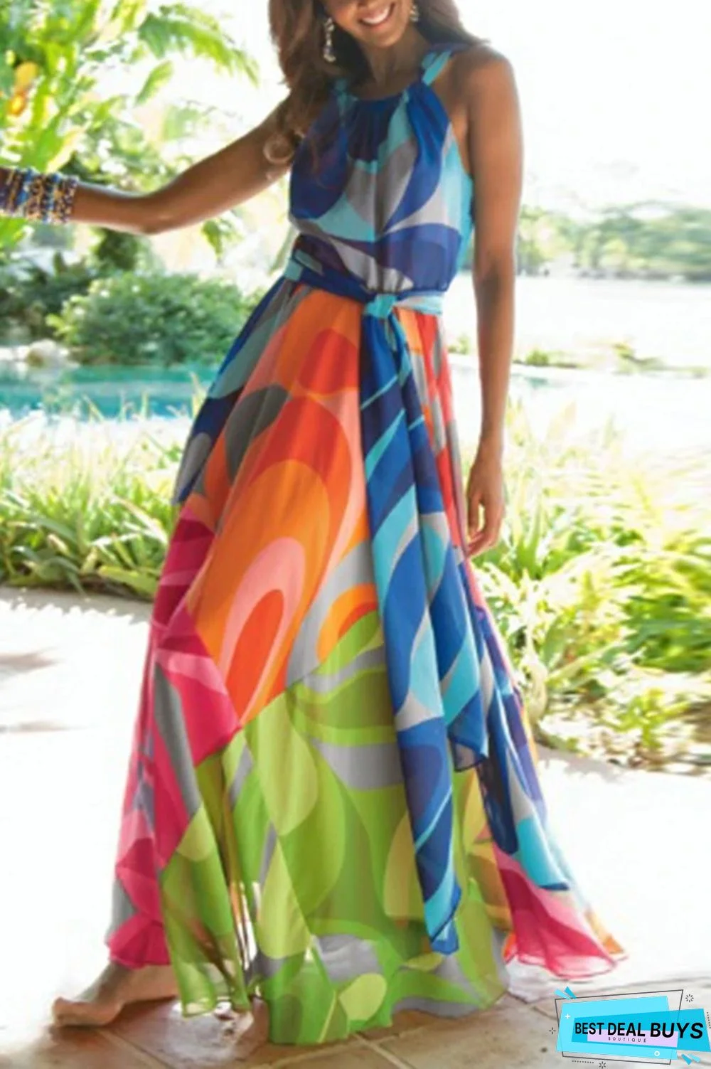 Bohemian Sleeveless Digital Printed Dress with Neck