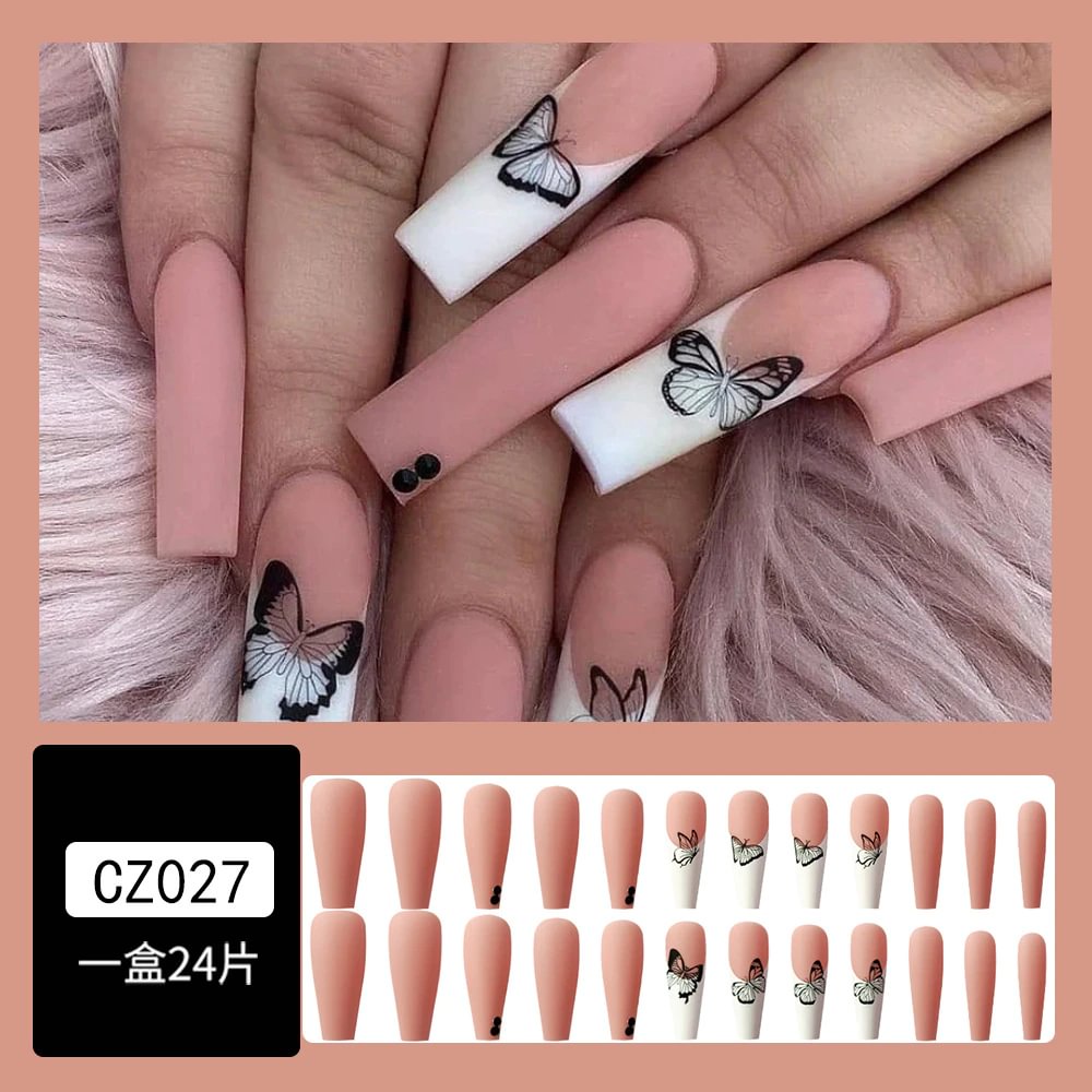 Agreedl Fake Nails 24Pcs False Nails Black Pink Butterfly Pattern for Girl Wearable Full Cover Press on Nail Tips Free Shipping