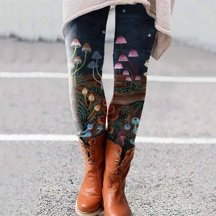 🔥kukelife🔥Vintage Forest Mushrooms Printed Casual Leggings