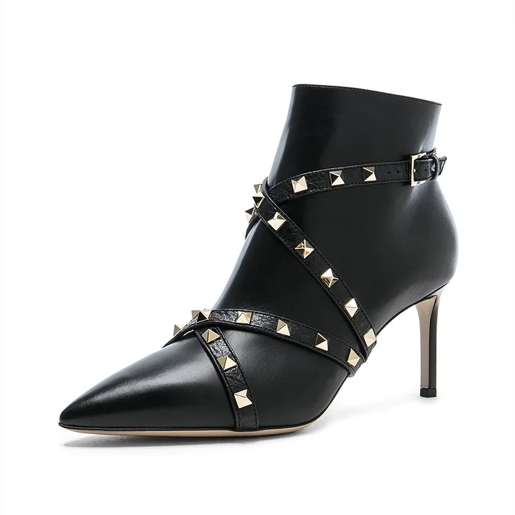 Black Stiletto Ankle Boots with Zipper and Stylish Strappy Detail |FSJ Shoes