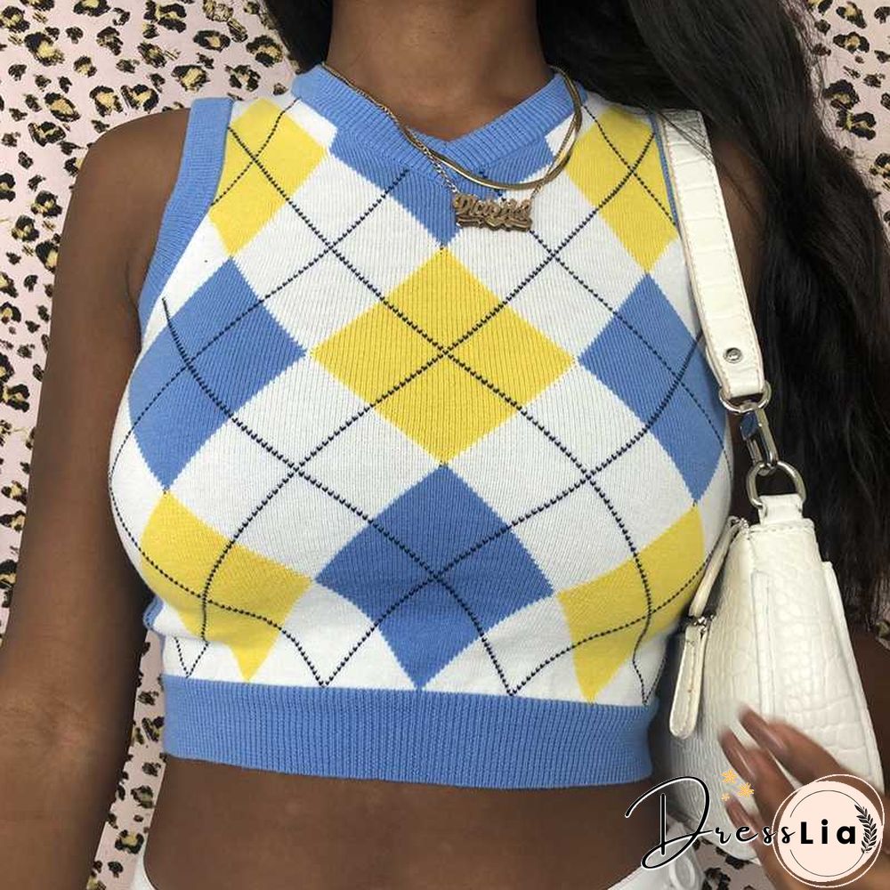 Checkered Cropped Knitted Tank Argyle Sleeveless Jumper