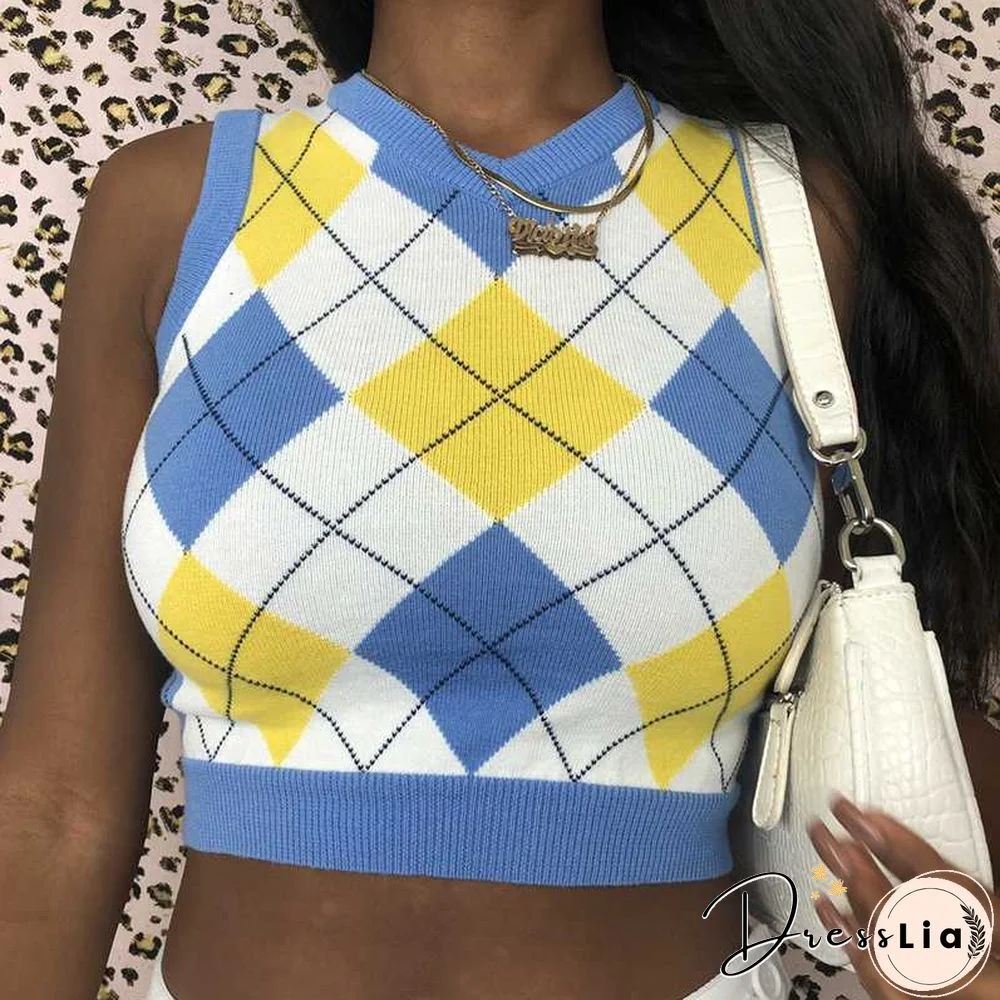 Checkered Cropped Knitted Tank Argyle Sleeveless Jumper
