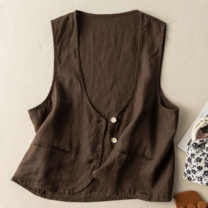 Literary and retro cotton and linen vest with top