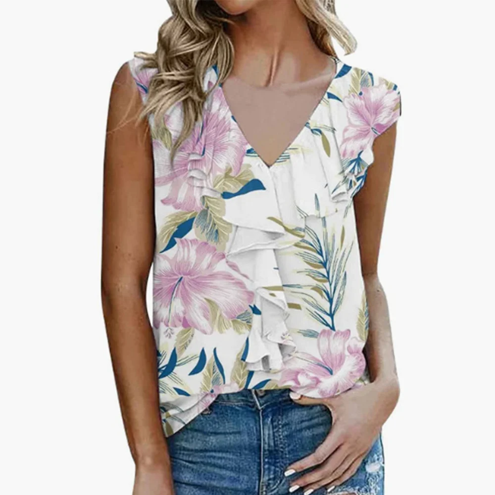 Smiledeer Summer new women's printed ruffled V-neck vest