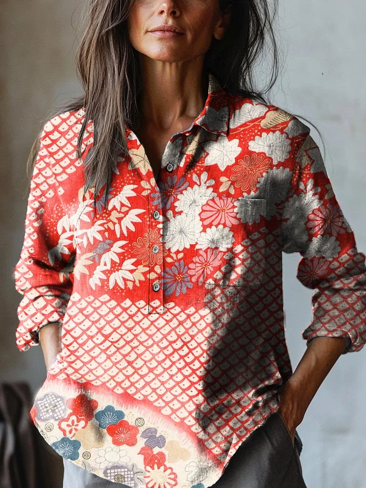 Women's Japanese Plant Art Print Casual Cotton And Linen Shirt