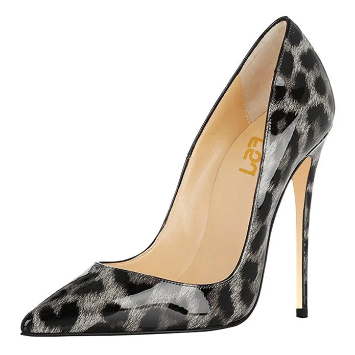 FSJ Grey Patent Leather Leopard Print Heels Pointy Toe Stiletto Heels |FSJ Shoes
