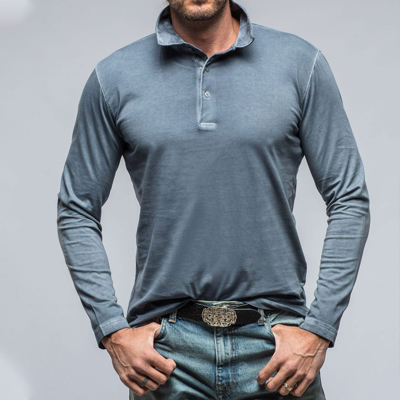 Casual Washed Distressed Cotton Blue Polo Shirt