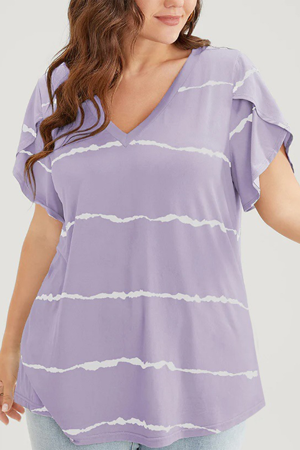 Plus Size Casual Dark Blue Striped Petal Sleeve Blouse 2024 - Flycurvy 