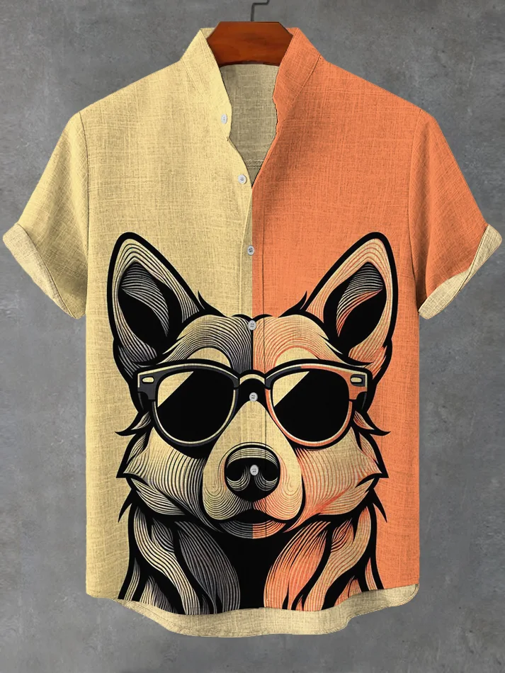 Men's Sunglasses Lines Dog Art Print Linen Blend Shirt