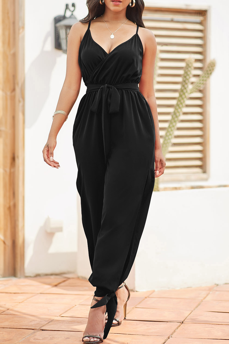 Fashion Solid Patchwork Spaghetti Strap Harlan Jumpsuits