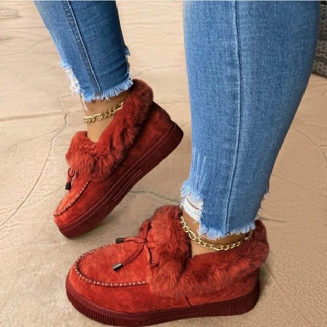 Women Moccasin Shoes Snow Fur Platform Faux Slip-On Loafer Boots - vzzhome