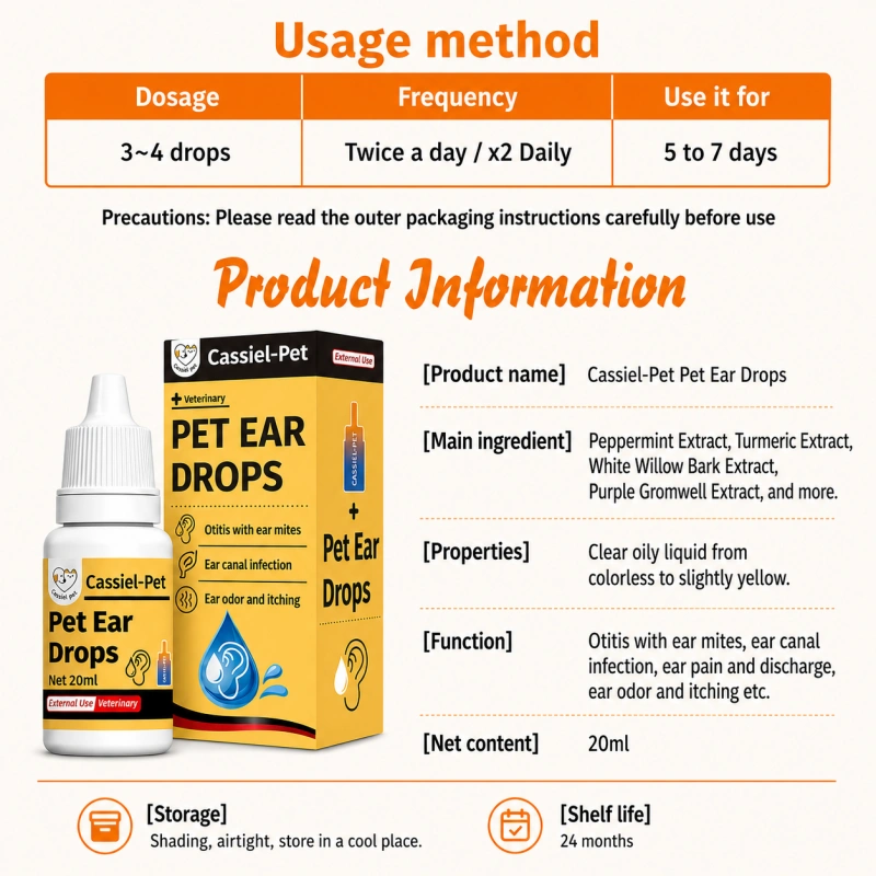 Cassiel Pet usage method chart for Pet Ear Drops outlining an otic dosage of 3-4 drops twice daily for 5 to 7 days targeting otitis with ear mites and odor control