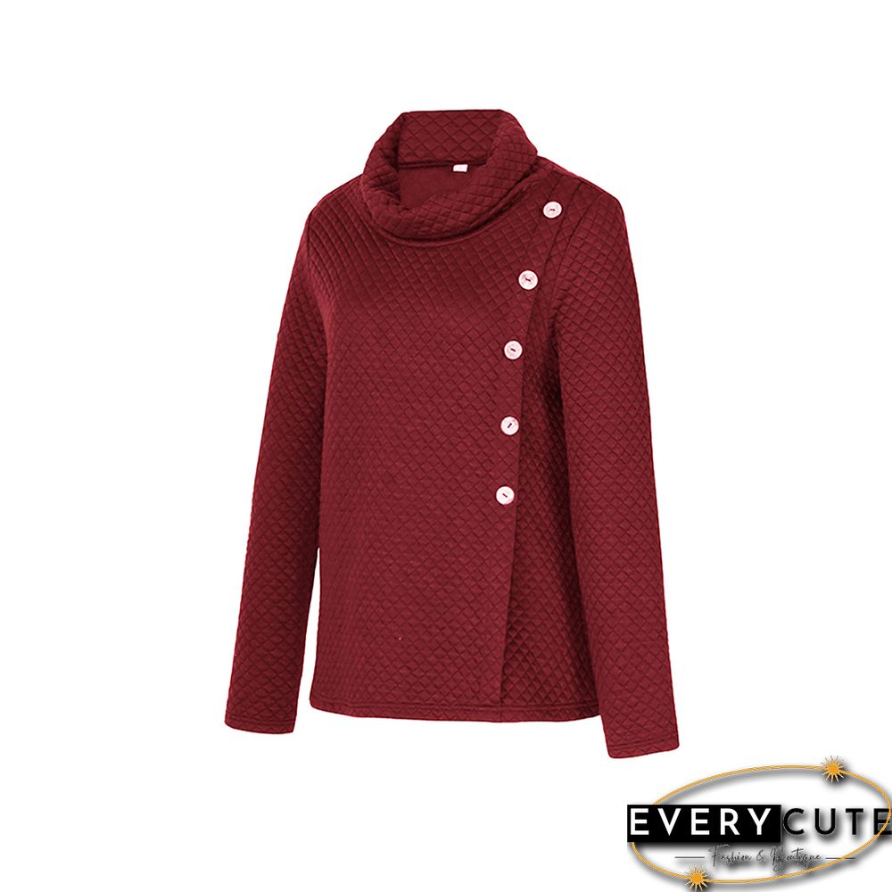 Wine Red Button Detail High Collar Sweatshirt