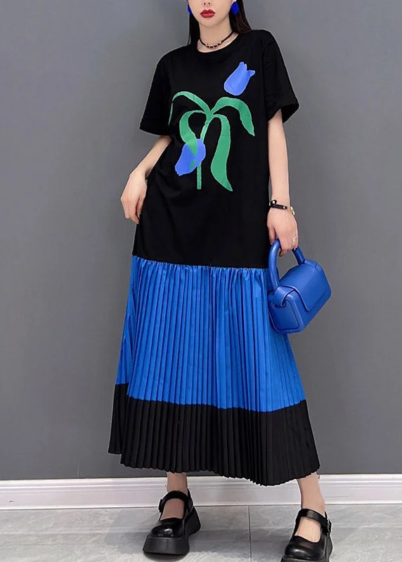 5.5Casual Black O-Neck Print Patchwork pleated Dress Short Sleeve