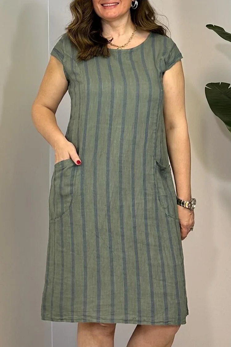 Round Neck Side Pocket Short Sleeve Striped Linen Midi Dresses [Pre Order]