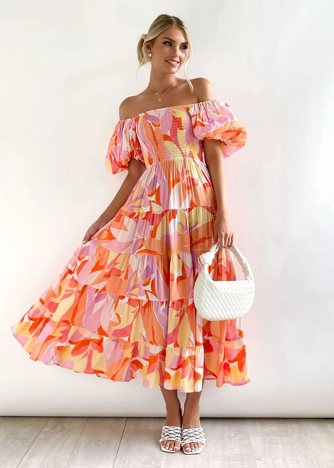 Uveng Puff Sleeve Holiday Slim Looking Long Dresses