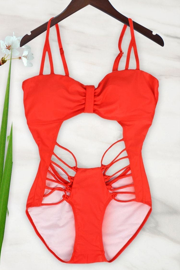 Orange Strappy Caged Cutout Sexy Monokini Swimsuit - Shop Trendy Women's Clothing | LoverChic