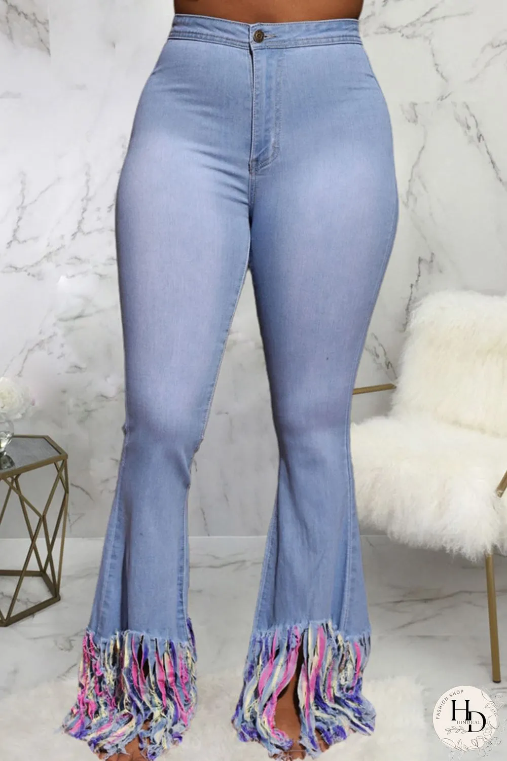 Baby Blue Sexy Solid Tassel Mid Waist Regular Denim