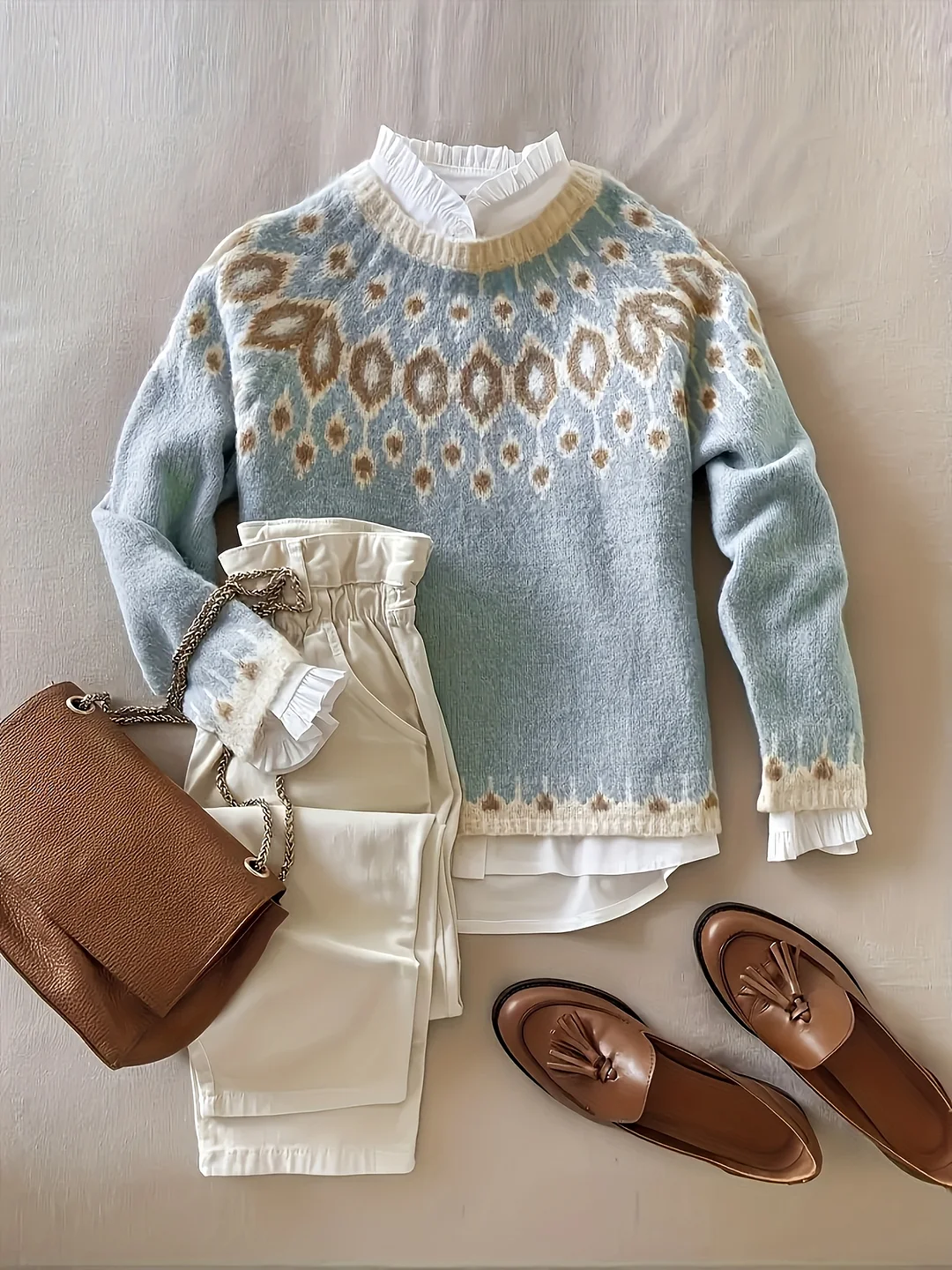 [Chic Sweater] Loose-Fit Chic Knit Sweater for Women | Long Sleeve, Round Neck, Intricate Floral Pattern Pullover with Contrasting Trim and Tie-Detail, for Cold Weather, Fall/Winter