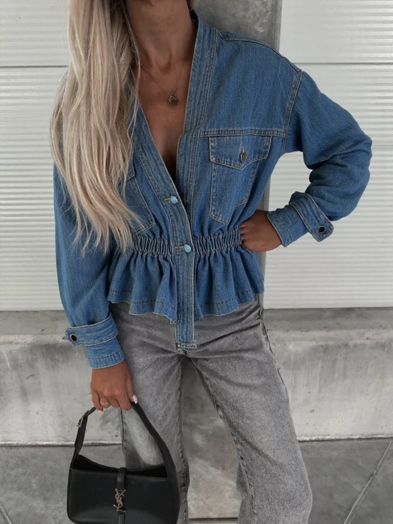 Women's Denim Jacket Long-sleeved V-neck Cute Jacket