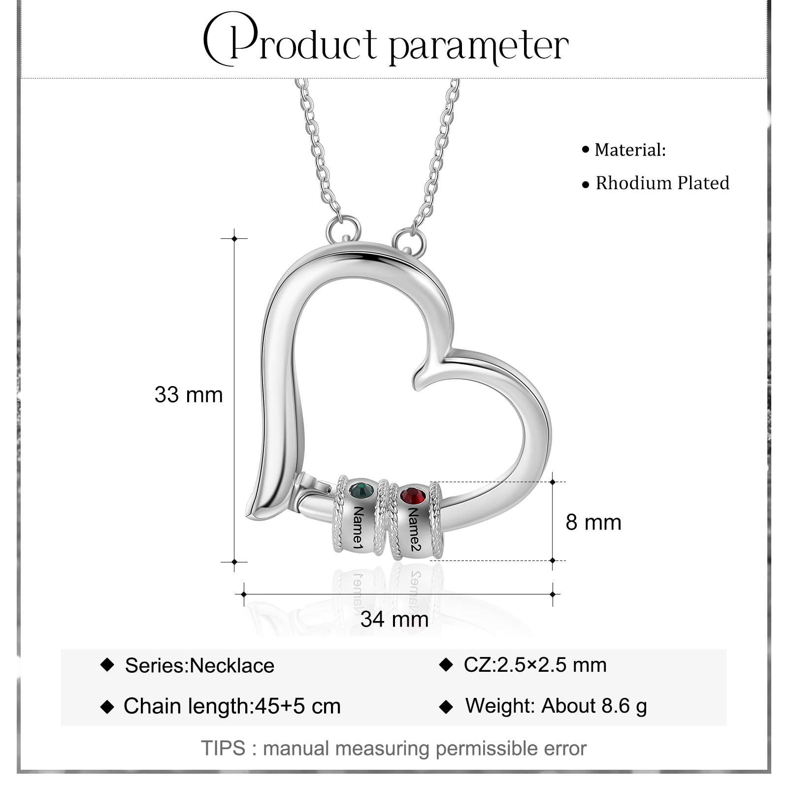 Collana cuore con ciondolo di 2 nomi e 2 pietre di nascita regalo per donna