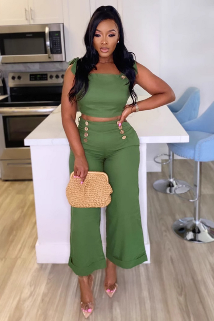 Tie Up Crop Cami Buttons Decor Wide Leg Pants Matching Set-Green