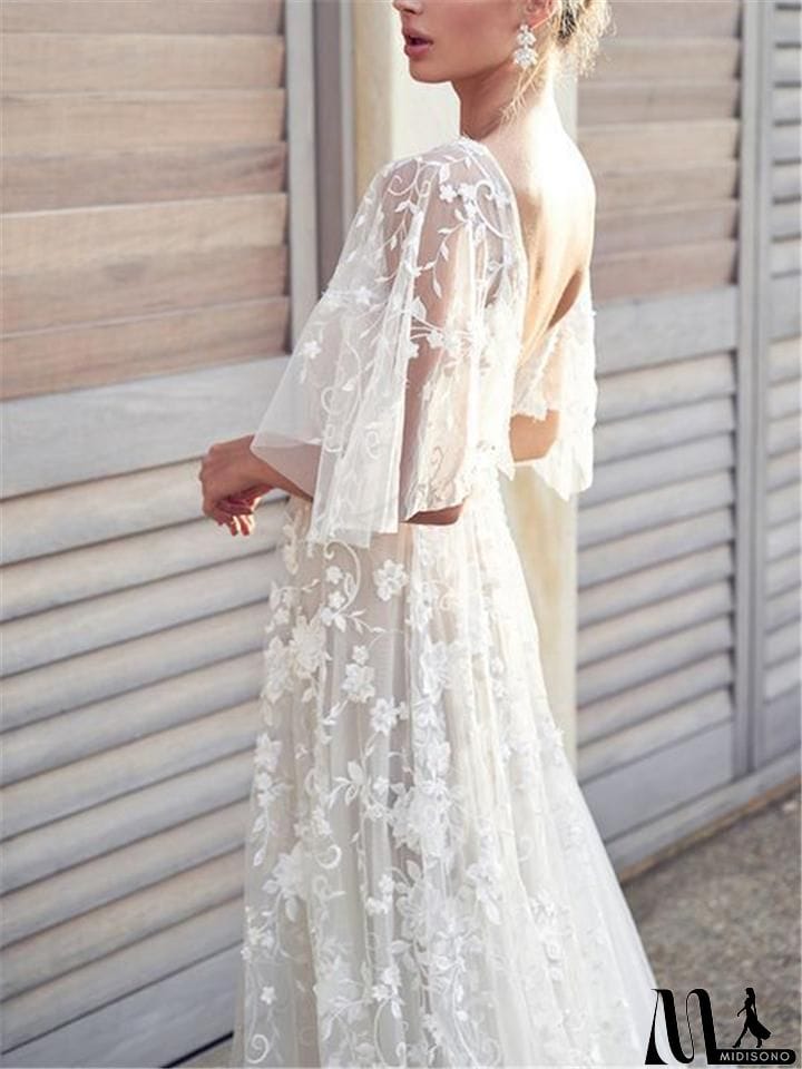 MidiSono - Flowing Floral Applique Cap Sleeve Backless Dress for Wedding