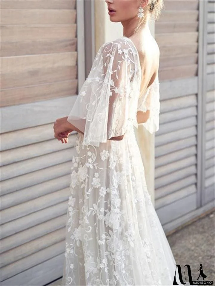 MidiSono - Flowing Floral Applique Cap Sleeve Backless Dress for Wedding