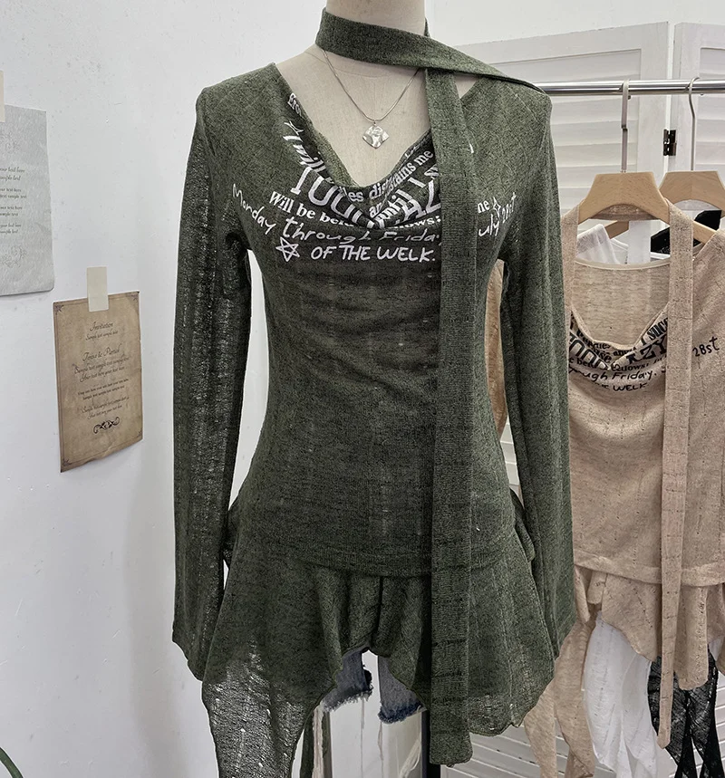 Nigikala Nigikala Shooting Retro Irregularly Hollow Knitted Jersey Dress Girl With Hottie Word Shoulder Collar Blouse 8101