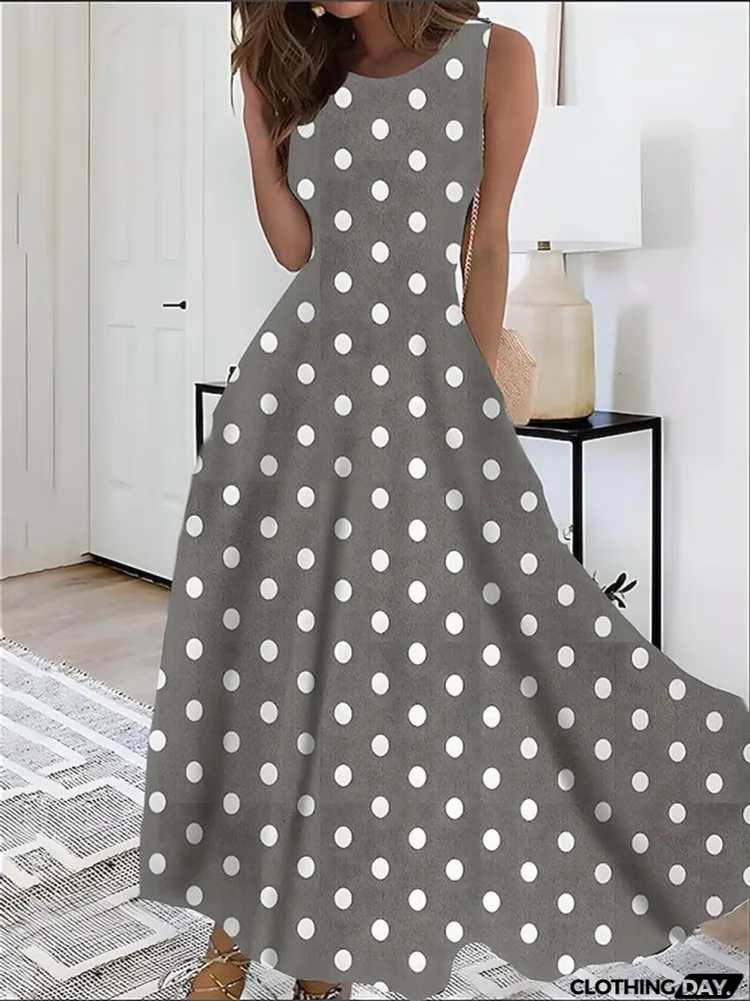 Women's Retro 1950s Vintage Dress Long Dress Maxi Dress Daily Holiday Print Polka Dot Crew Neck Sleeveless Regular Fit Summer Spring Blue Dark Green S M L XL