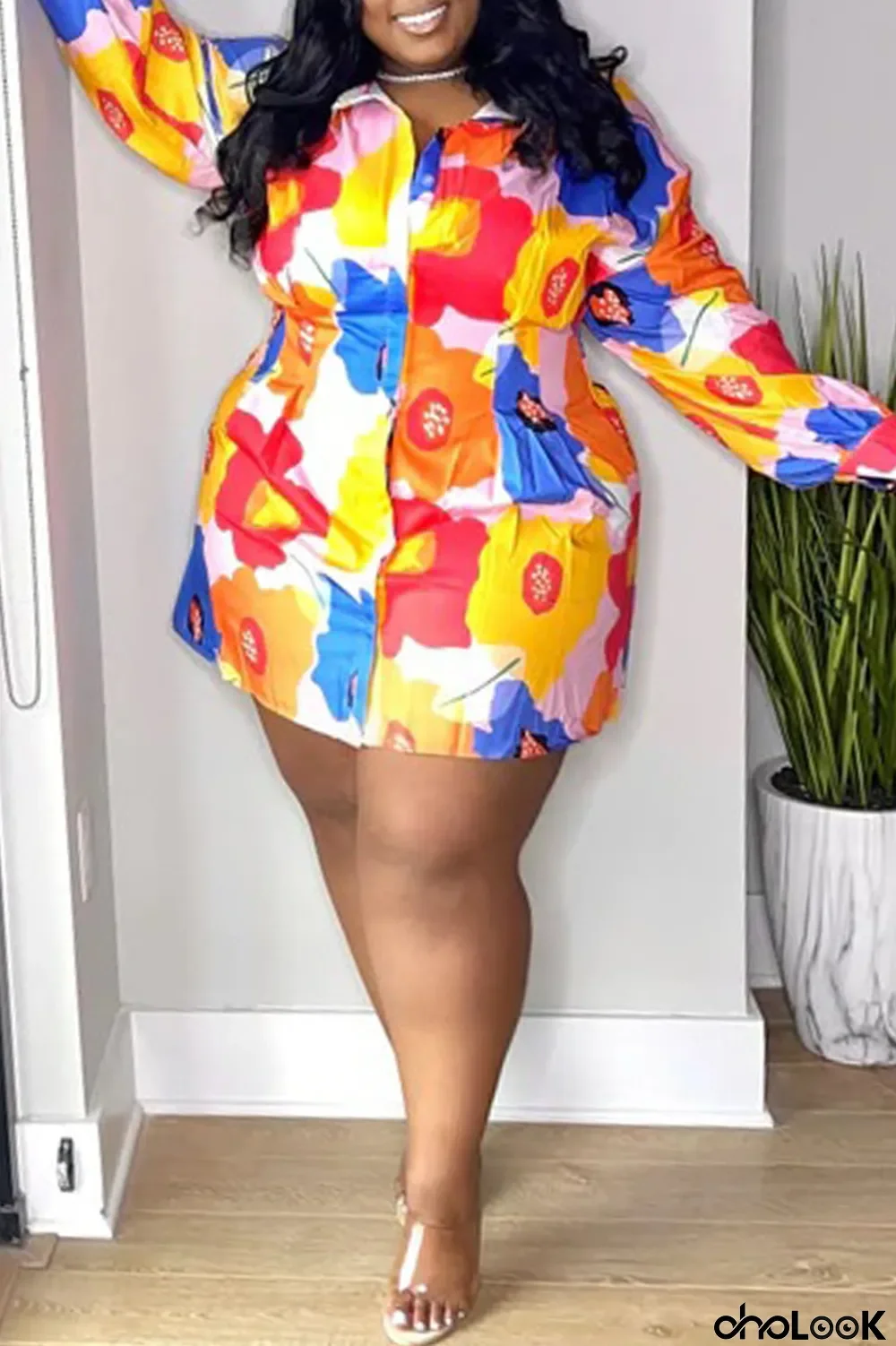Multicolor Fashion Casual Print Basic Turndown Collar Long Sleeve Plus Size Dresses