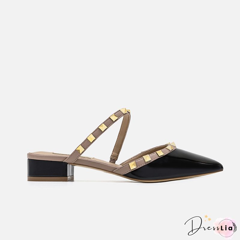 Pointed-toe Solid Color Splicing Studded Buckle Flat Sandals