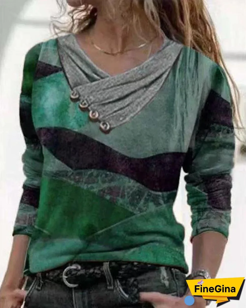 Color Block Casual V-Neckline Long Sleeve Blouses