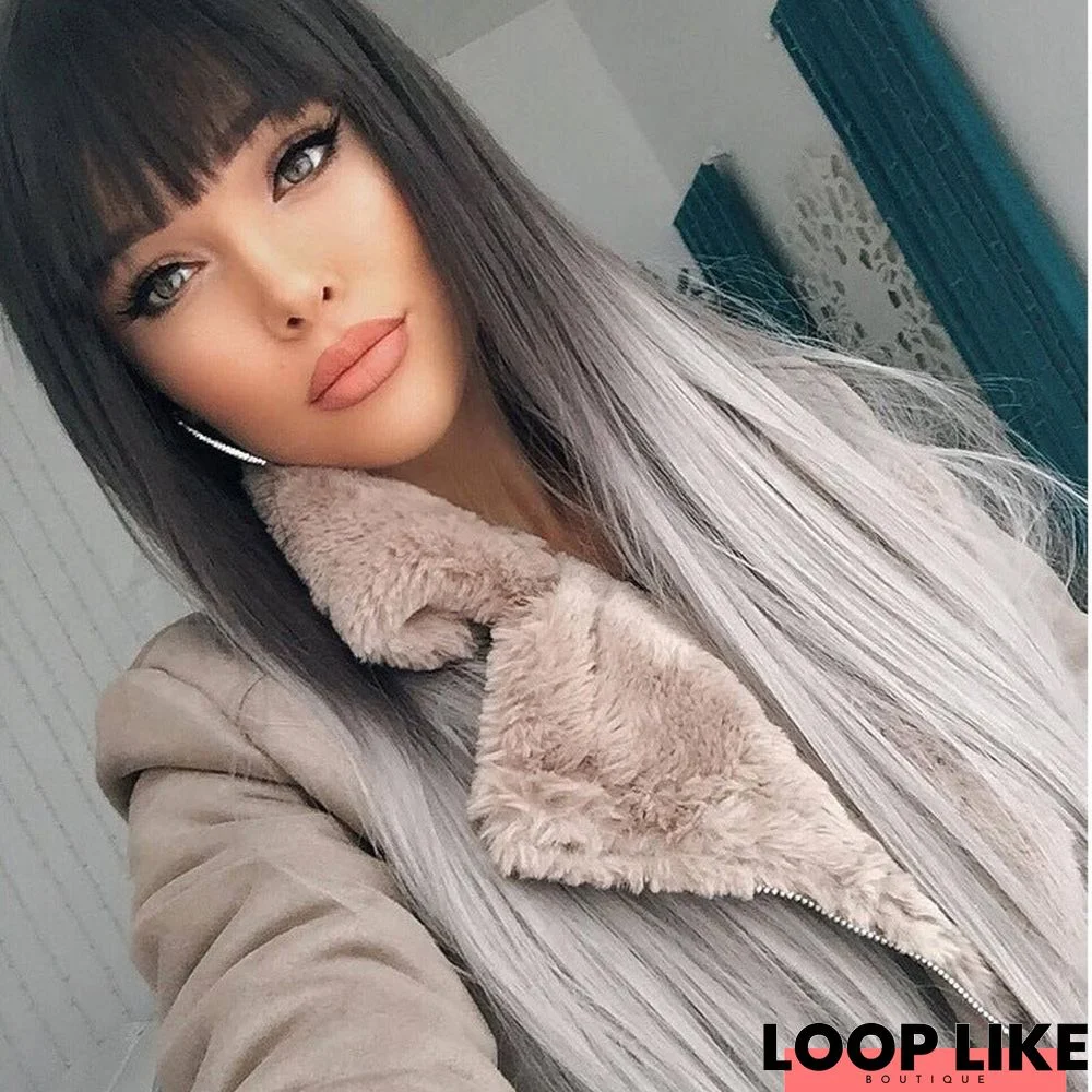 Women's Long Straight Hair Wig with High-Temperature Silk and Bangs Gradient The Whole Wig with Full Headgear