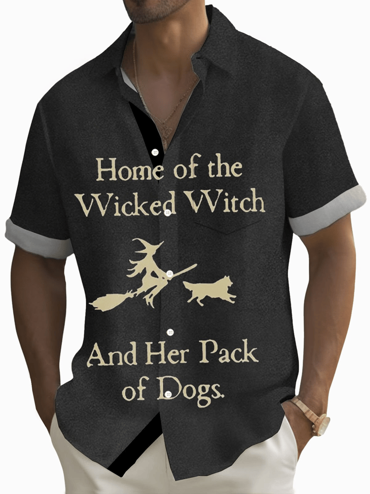 Retro Halloween Letters 3D Digital Print Men's Button Pocket Short Sleeve Shirt Big & Tall