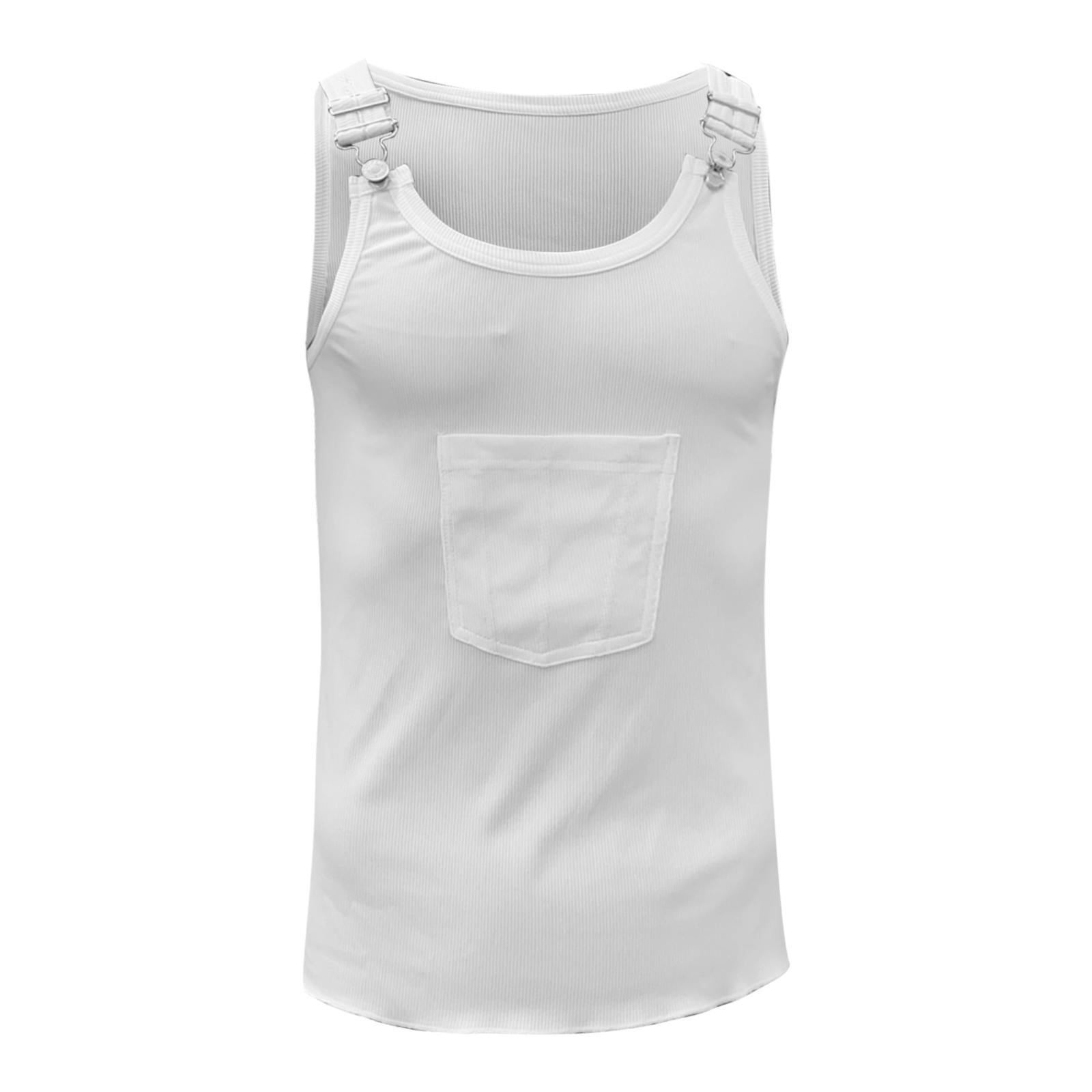 Men's Solid Color Street Sports Personality Tooling Vest Sleeveless Stretch Slim White Top