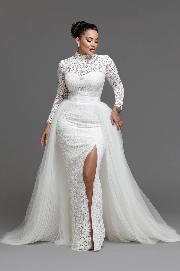 Xpluswear Design Plus Size Wedding White Mock Neck Long Sleeve With Skirt Overlay Elegant Split Lace Tulle Maxi Dresses [Pre-Order]
