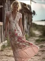 Vintage Pink Boho Floral Embroidered Flowy Linen Maxi Dress