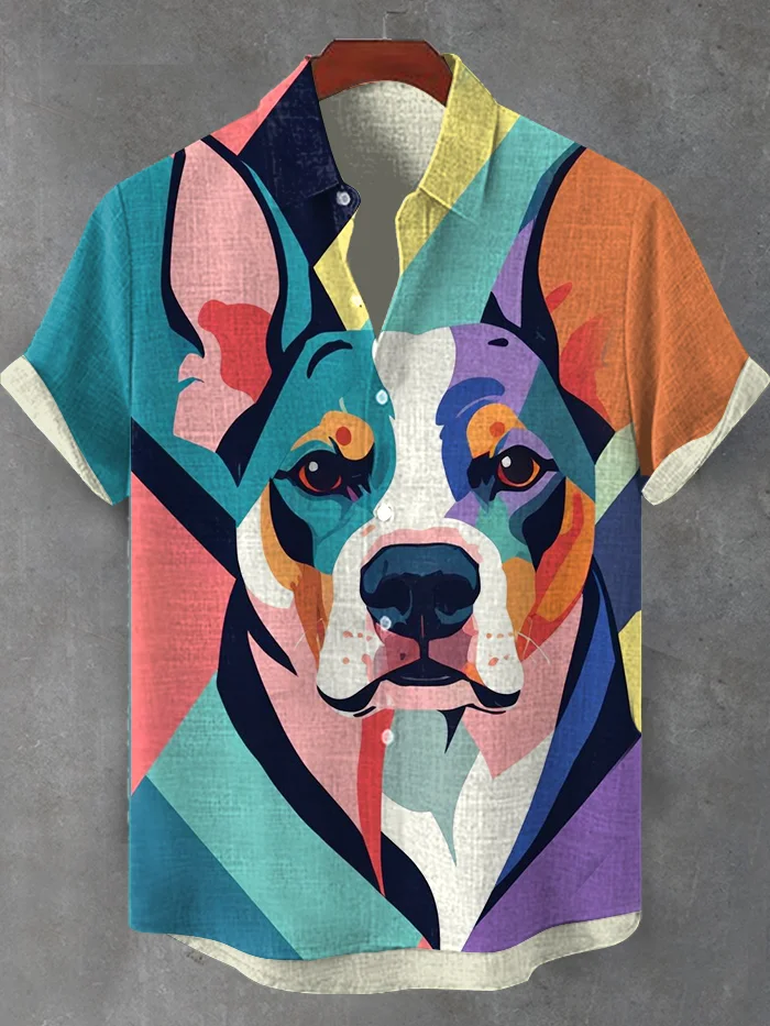 Men's Multicolor Dog Colorblock Geometric Pop Art Print Casual Shirt