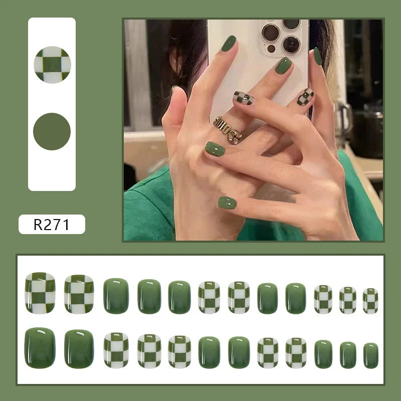 Fake Nail Patch Short Paragraph Ballet Nails Green & White color Finished Nail Piece 24PCS Glue Type nails set free shipping