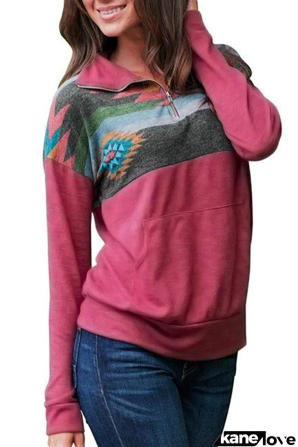 Women Aztec Print Atop Rosy Pullover Sweatshirt